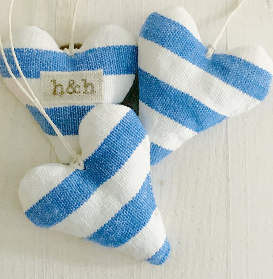 STRIPED HEARTS - set of 3, blue and white stripes