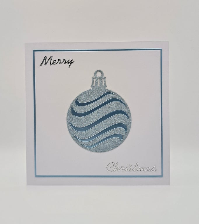 Handmade Blue Glitter Bauble Christmas Card – 5 x 5 Inch Square