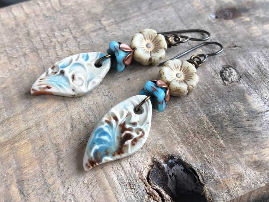 Blue, Cream & Brown Artisan Ceramic Earrings. Teardrop Earrings. Flower Earrings
