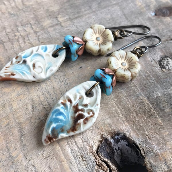 Blue, Cream & Brown Artisan Ceramic Earrings. Teardrop Earrings. Flower Earrings
