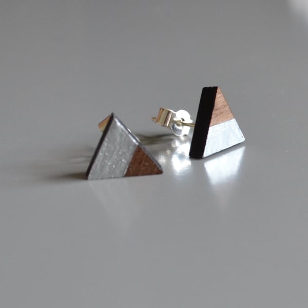 Wooden Triangle Ear Studs with Silver Leaf