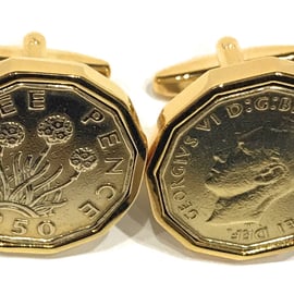 1950 Threepence 3d 74th birthday Cufflinks - Original 1950 threepence coin HT