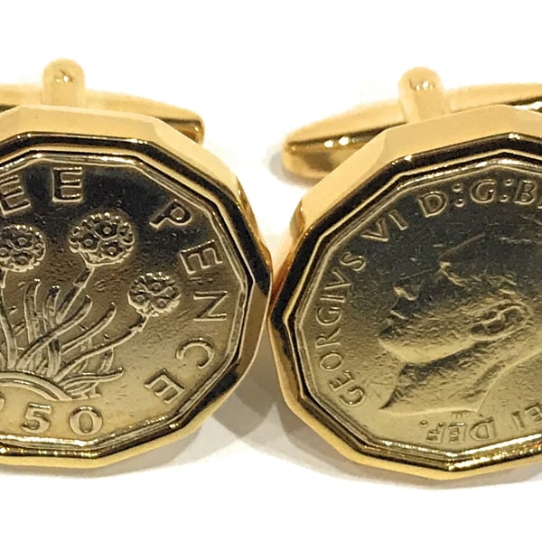 1950 Threepence 3d 74th birthday Cufflinks - Original 1950 threepence coin HT