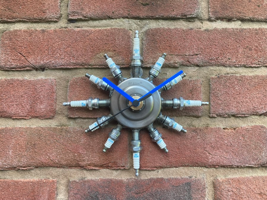 Sunburst Wall Clock, made from Upcycled Spark Plugs