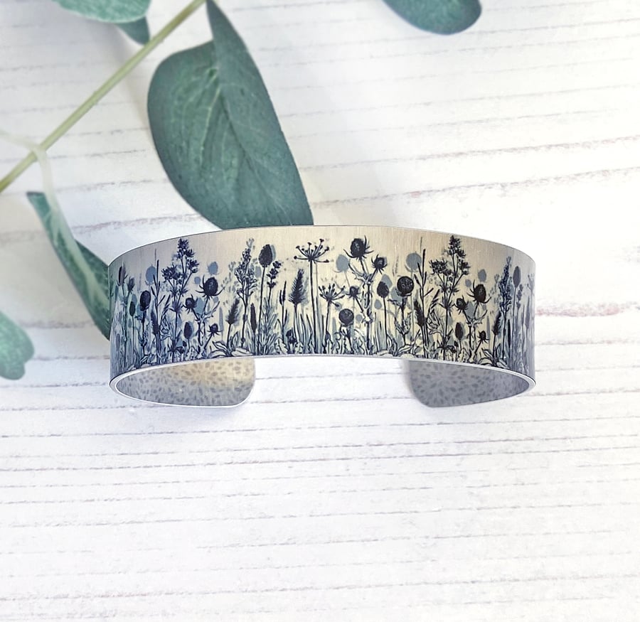 Meadow cuff bracelet, black wildfowers metal bangle. Personalised gifts (794)