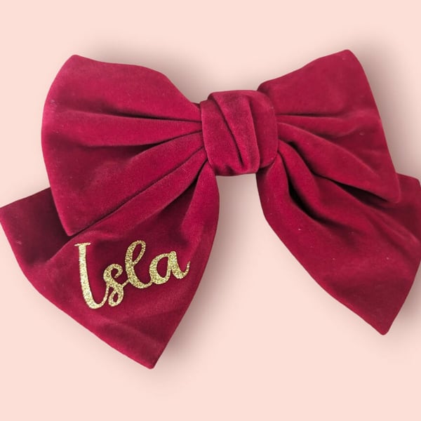 Personalised Velvet Christmas Bow Girls Burgundy Red Hair Accessory Hairclip