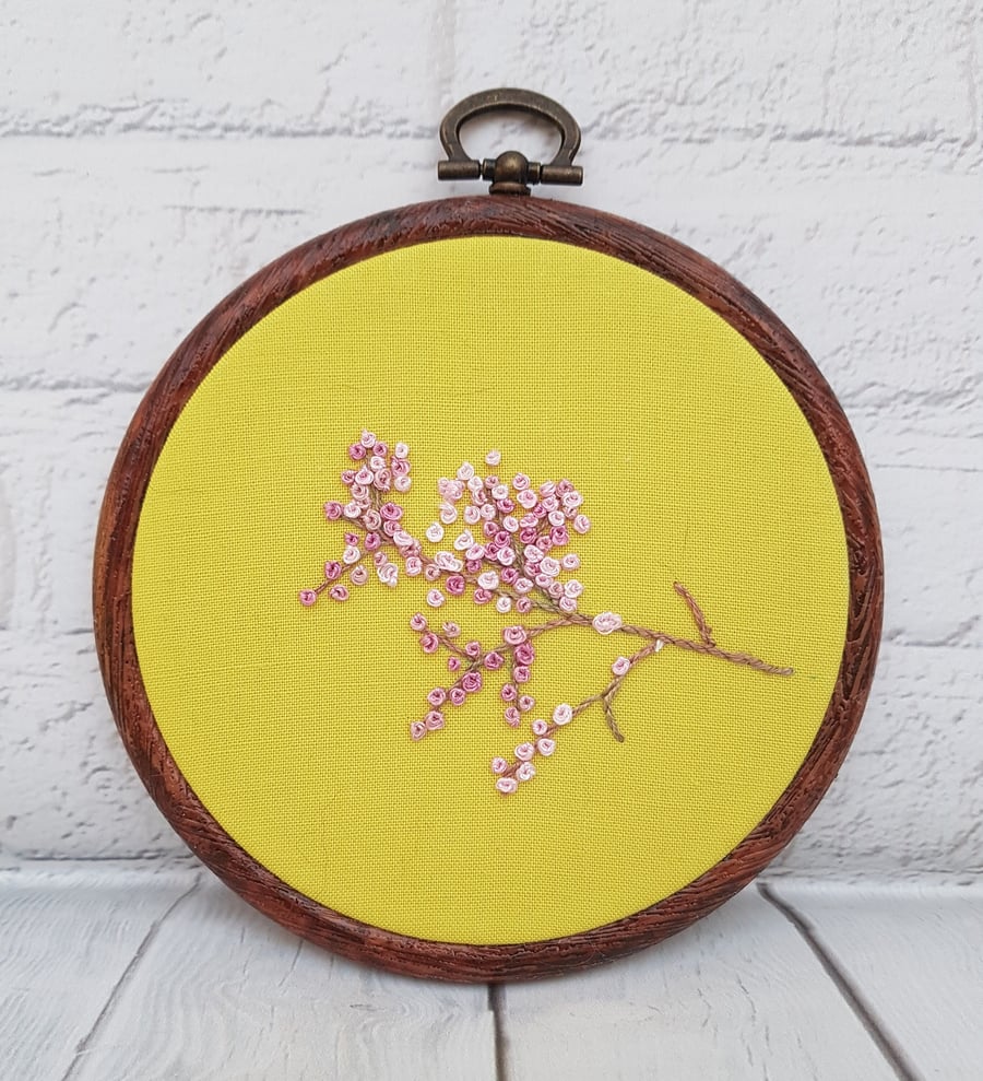 Cherry Blossom Hand Embroidery Hoop Art Picture on Green Linen Backing