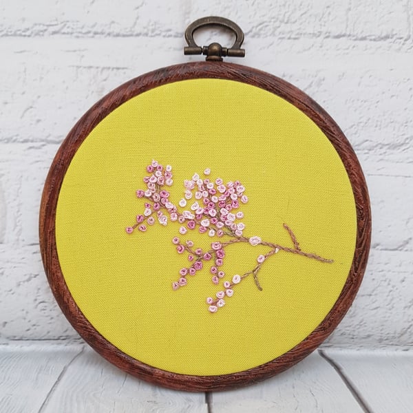 Cherry Blossom Hand Embroidery Hoop Art Picture on Green Linen Backing