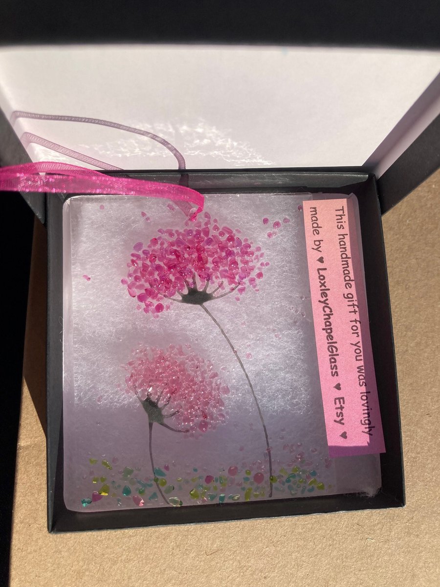3" Small Fused glass Twin Pink whimsical Jewel Flowers Sun catcher