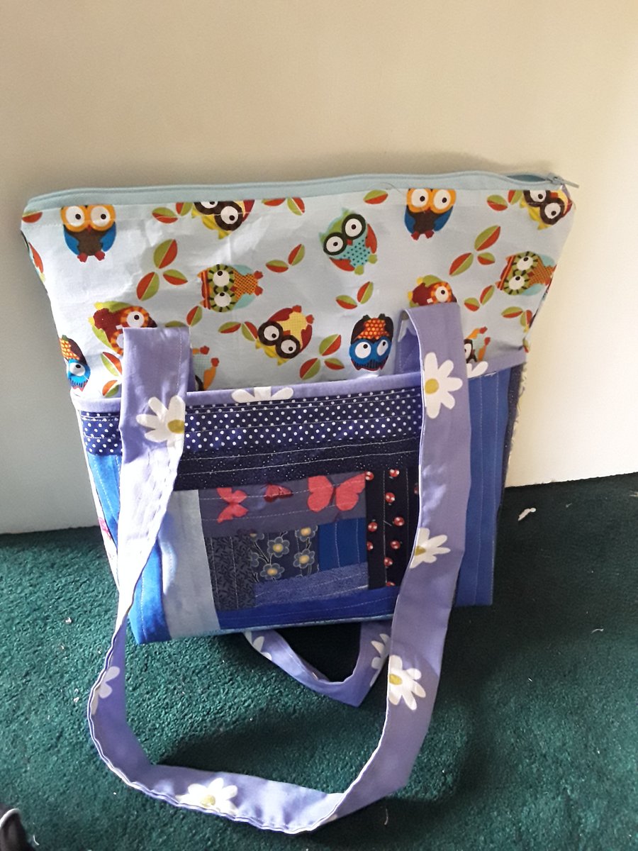 Owl patchwork tote bag, mainly blues