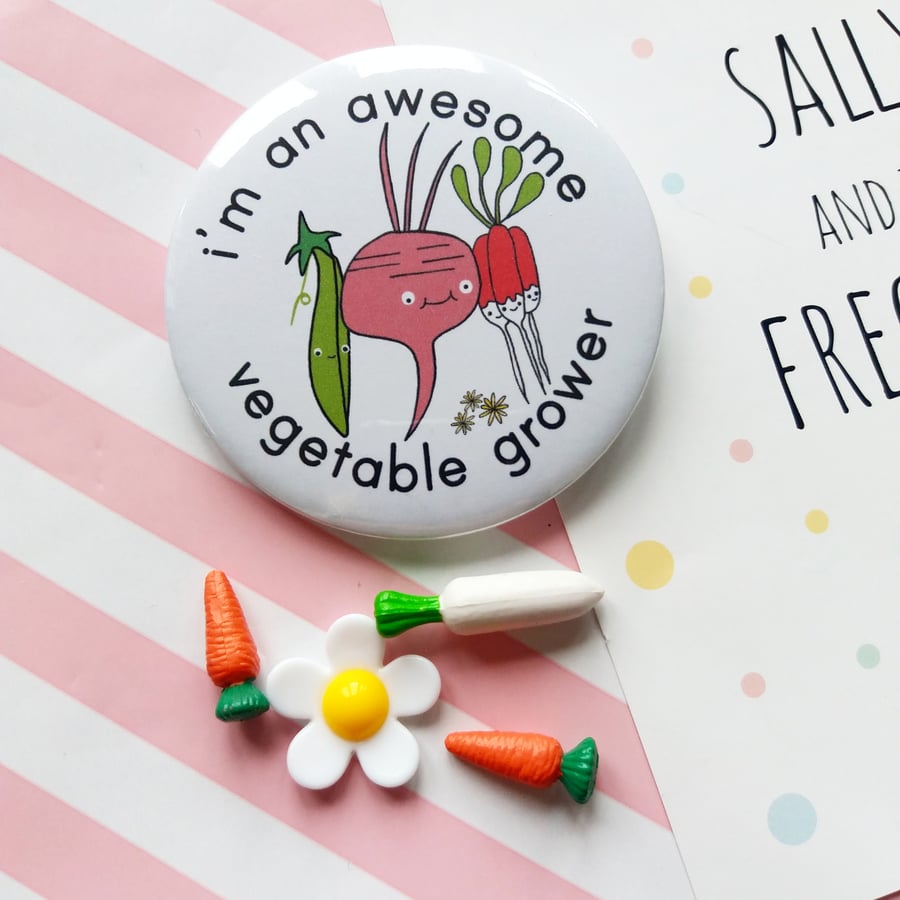 awesome vegetable grower badge, handmade pin badge, gardener's gift