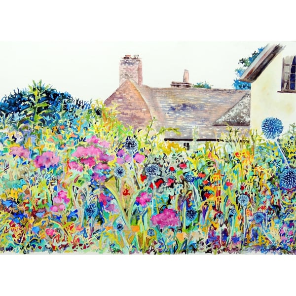 House and Flower Garden Watercolour Impressionist Architecture Painting
