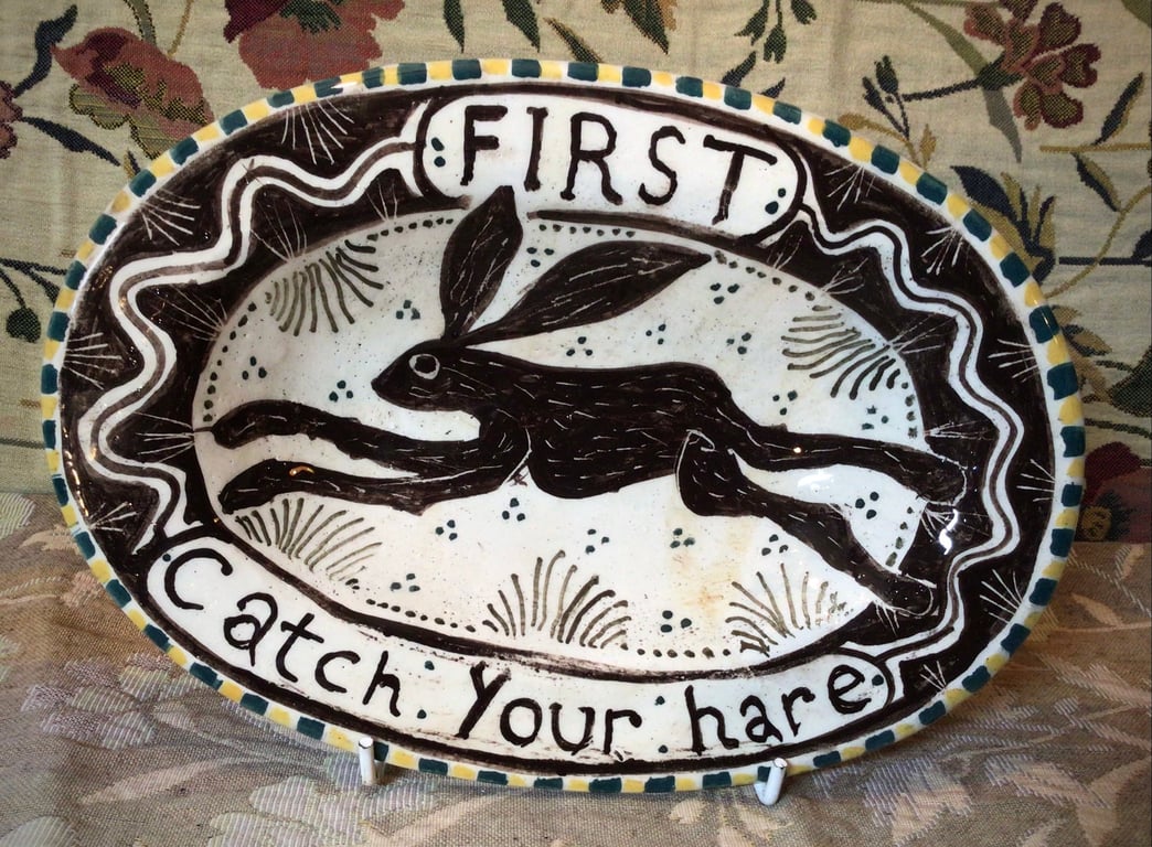 Oval slip ware dish with hand painted hare