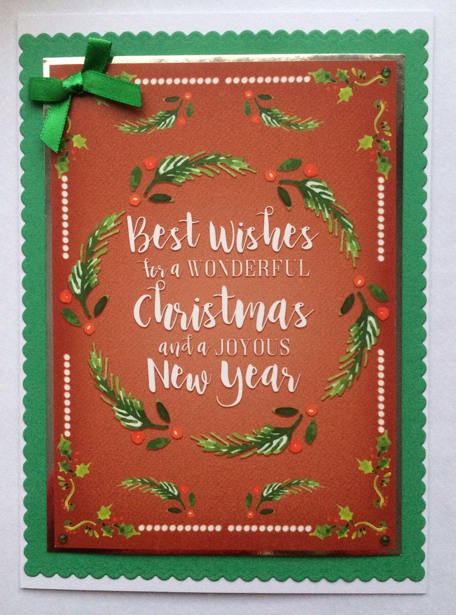 Handmade Christmas Card Vintage Wreath Best Wishes Xmas New Year