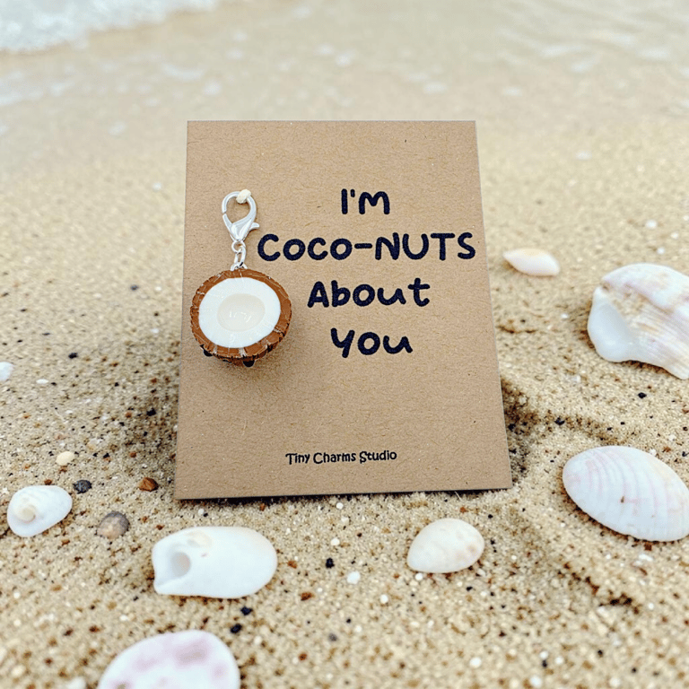 Coconut Polymer Clay Charm Keyring - Cute Valentines Anniversary Gift - Handmade