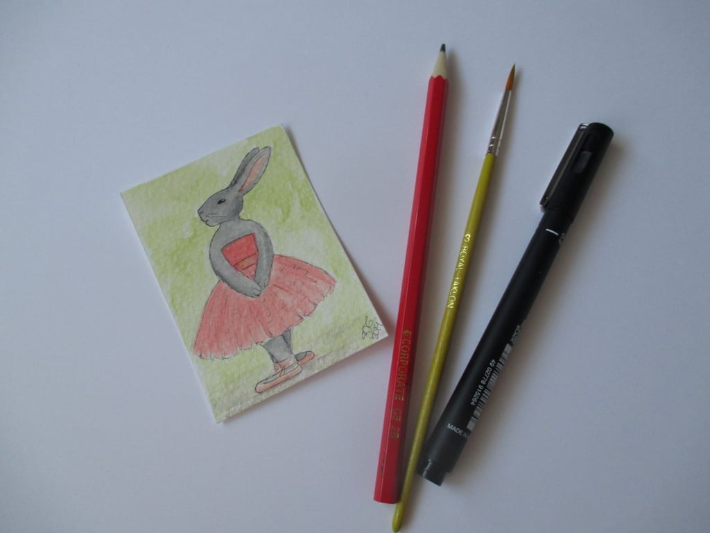 ACEO Bunny Rabbit Ballerina Ballet Dancing Bunny Rabbit Original Painting 010