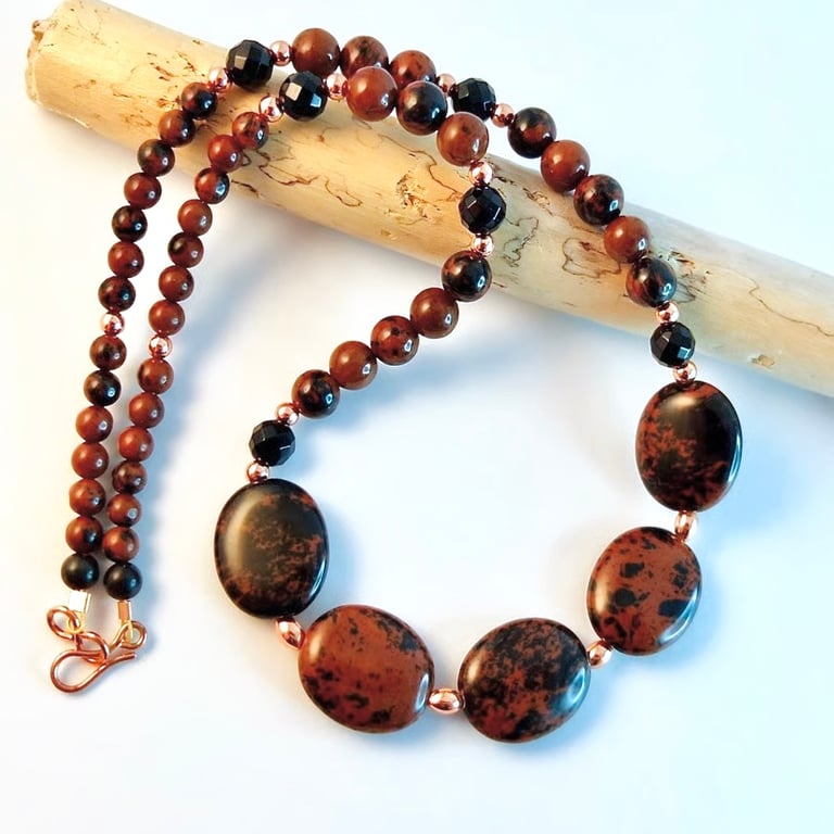 Mahogany Obsidian And Onyx Necklace With Copper Beads - Handmade In Devon.