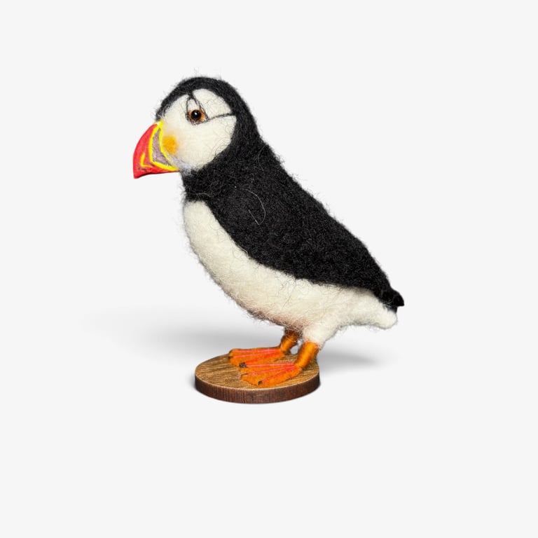 Needle felted mini puffin model, woollen sculpture