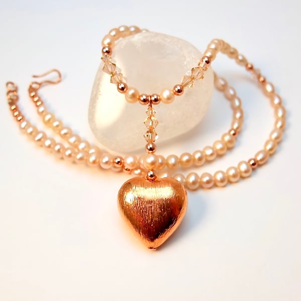 Freshwater Pearl Necklace, Copper Heart & Swarovski Crystals - Handmade In Devon