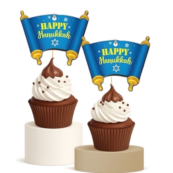 Happy Hanukkah torah Scroll Cupcake Toppers 15pk Blue Gold Jewish Holiday Decor