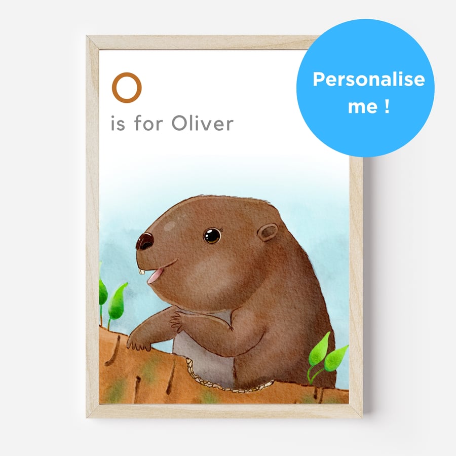 Beaver Personalised Baby Child Name Unframed Print for Nursery Bedroom Playroom