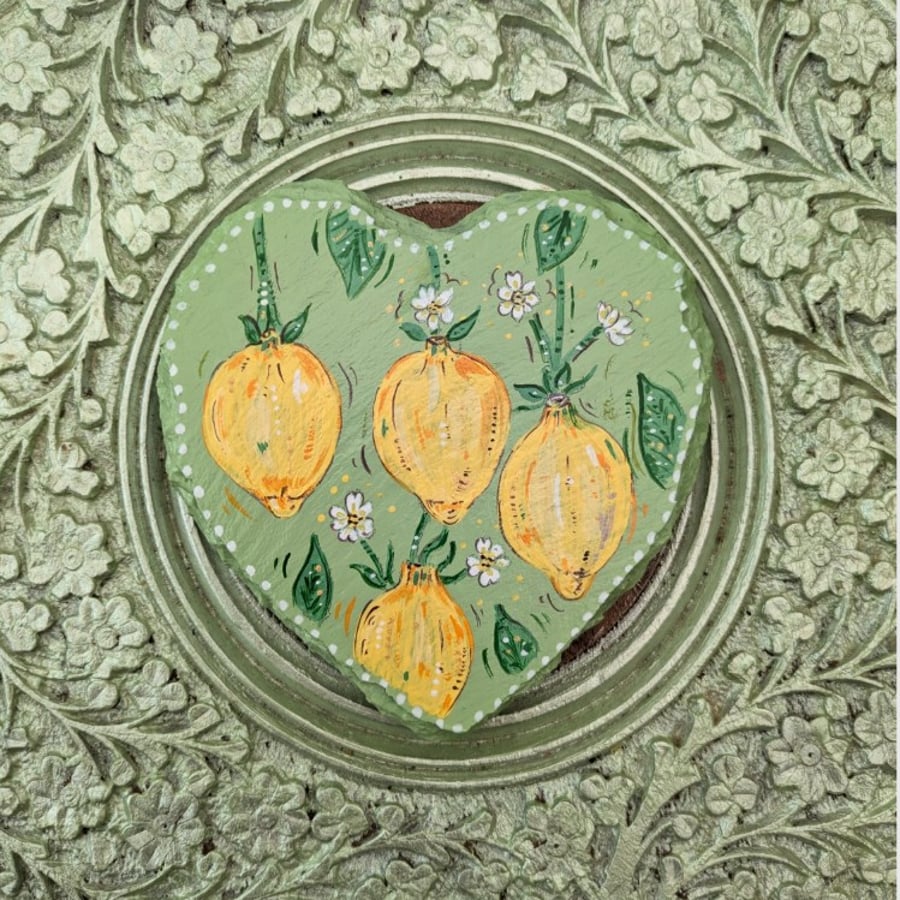 Lemon hand-painted slate heart coaster 