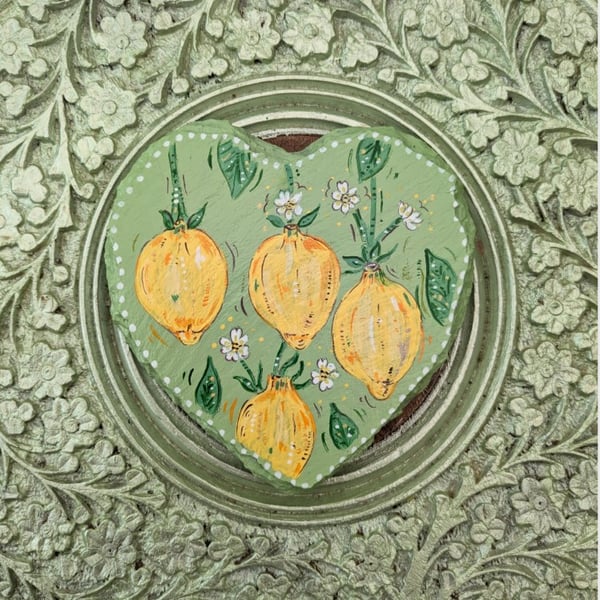 Lemon hand-painted slate heart coaster 