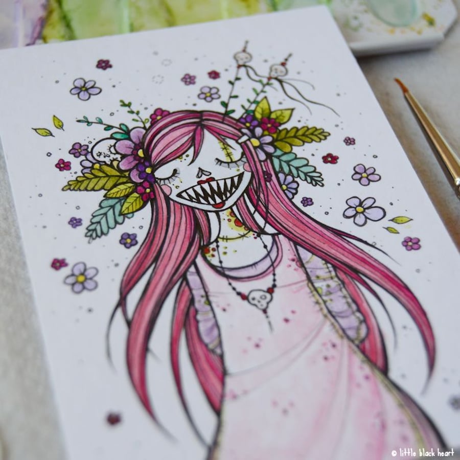 floral zombie - skulls demon - original aceo