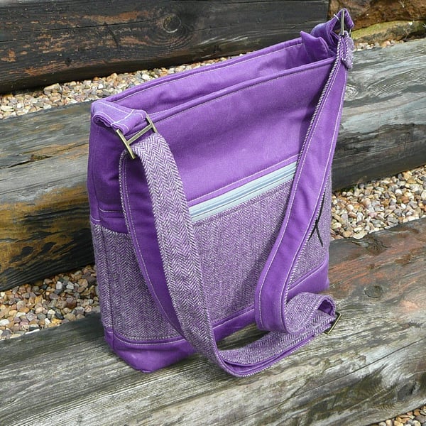 Wax canvas crossbody bag purple wool tweed water repellent shoulder bag