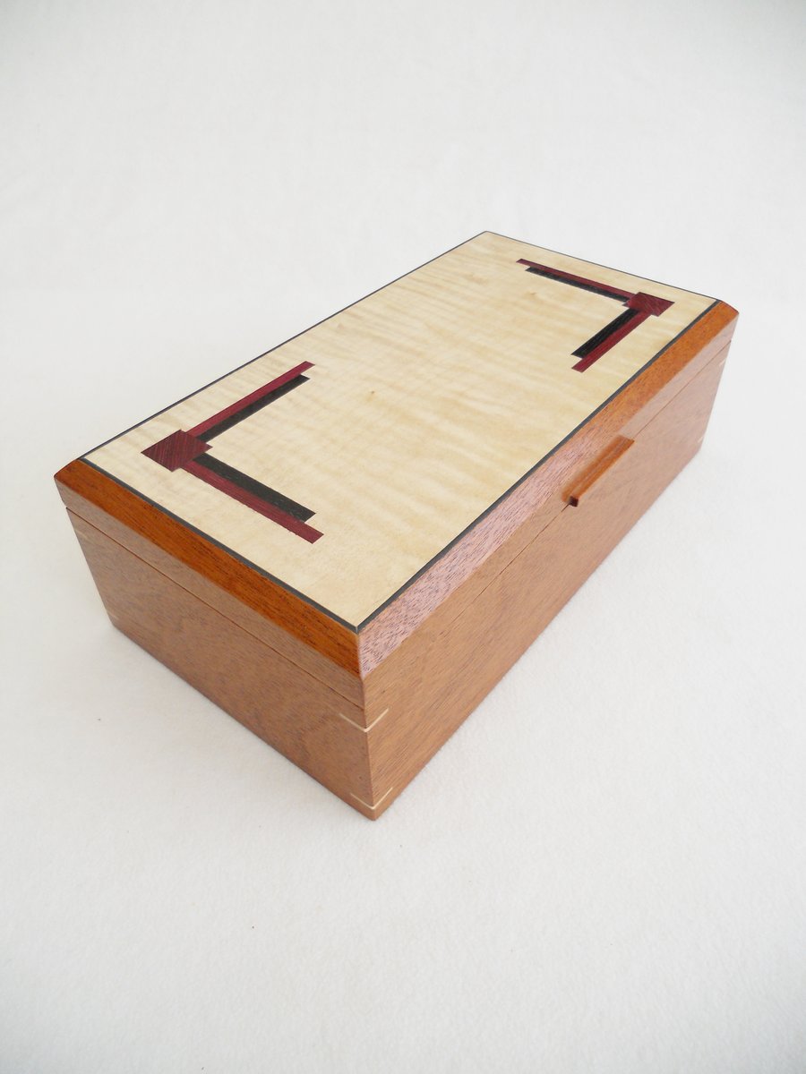 Handmade Wooden Art Deco style Jewellery Box in reclaimed solid mahogany.