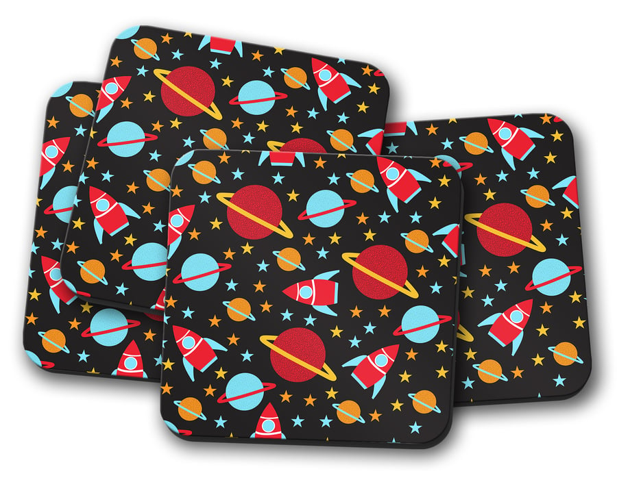 Set of 4 Black Coasters with an Outer Space Design, Drinks Mat