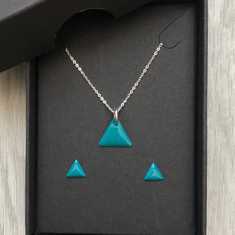 Tiny enamel triangle stud earrings & necklace set. Sterling silver. Minimalist.