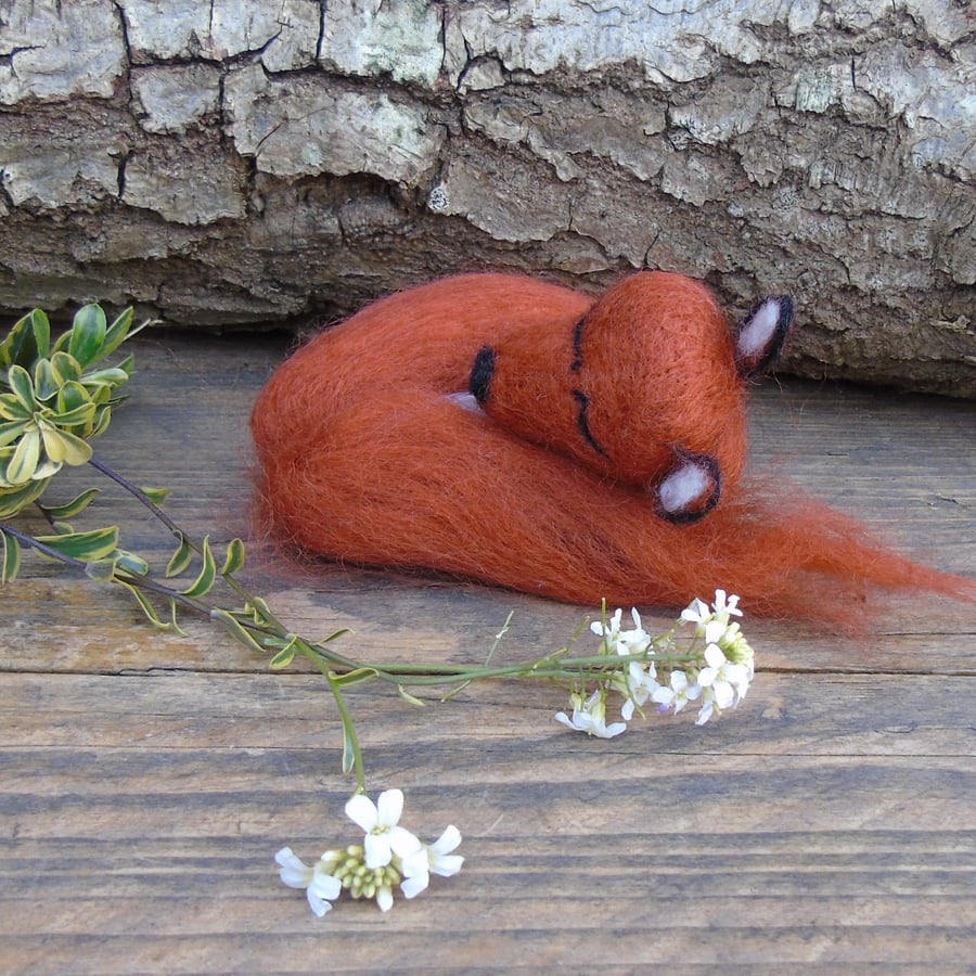 Fox curled up asleep.  Fibre Art collectable fox, needle felt fox