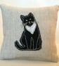 CUSTOM ORDER FOR DIANE - Pin Cushion Linen Freehand Machine Embroidered Cat - Image 1
