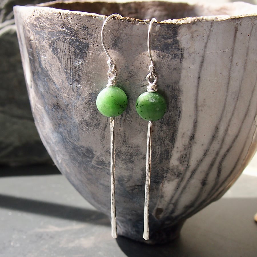 Sterling Silver Long Forged Earrings with Green Zoisite