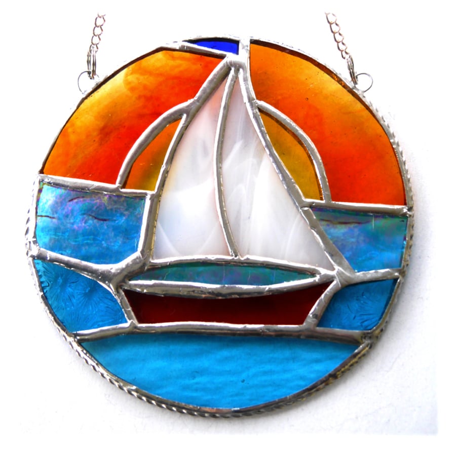 SOLD Sailboat Sunset Stained Glass Suncatcher Handmade Ring 017