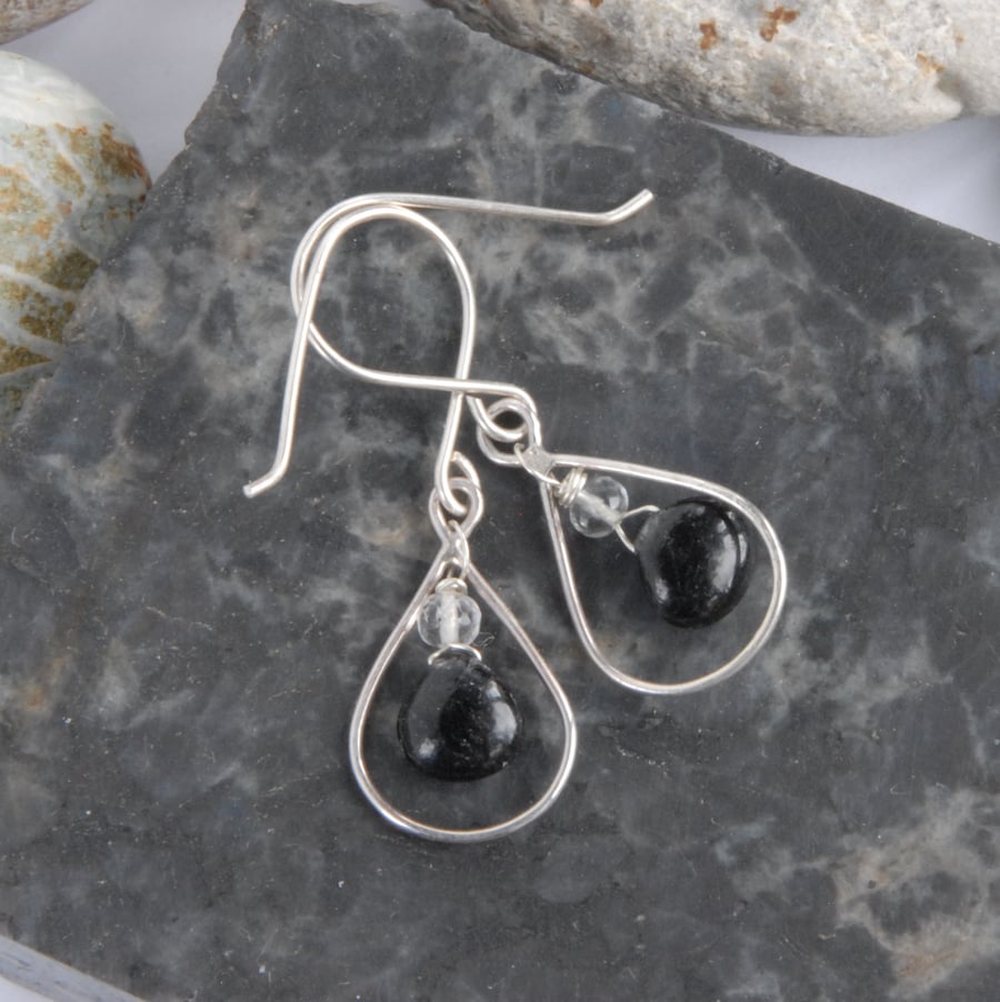 Sterling silver and black tourmalinated quartz drop earrings