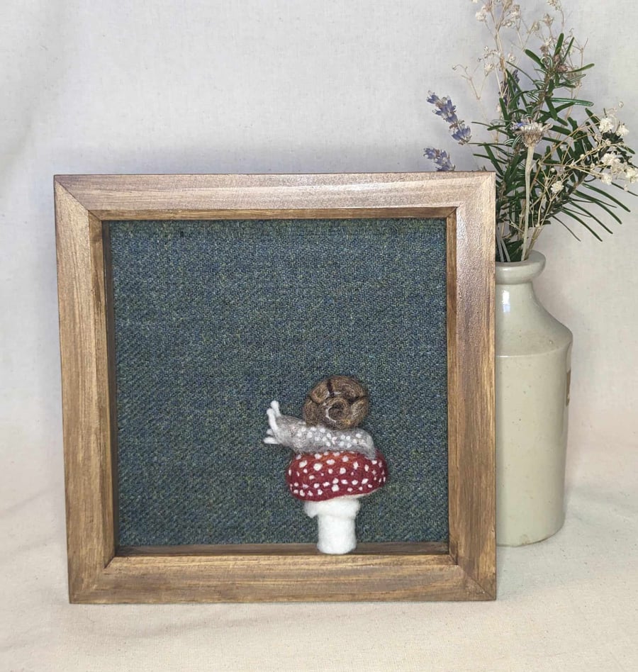 Needle felt Garden Snail on a Fly Agaric Toadstool with tweed fabric 9"x9" 
