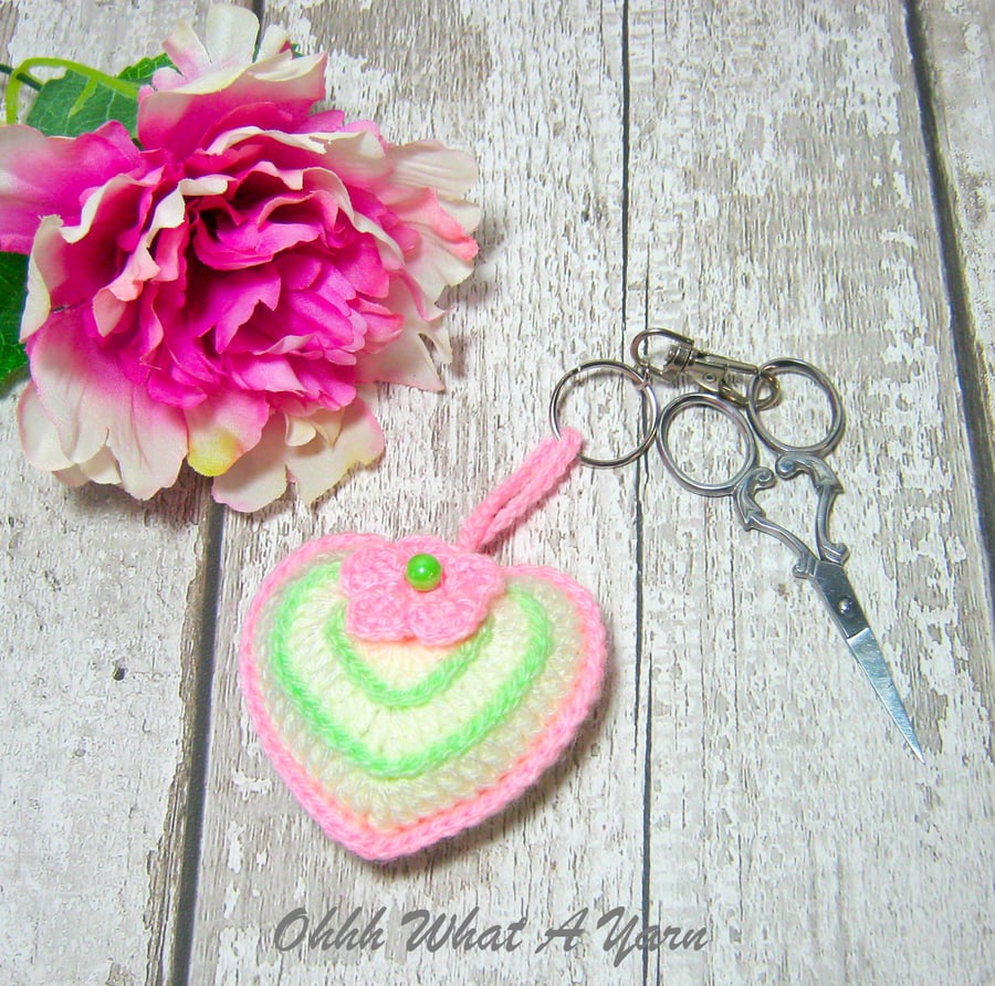 Cream crochet hanging heart decoration, scissor minder, bag charm with lavender