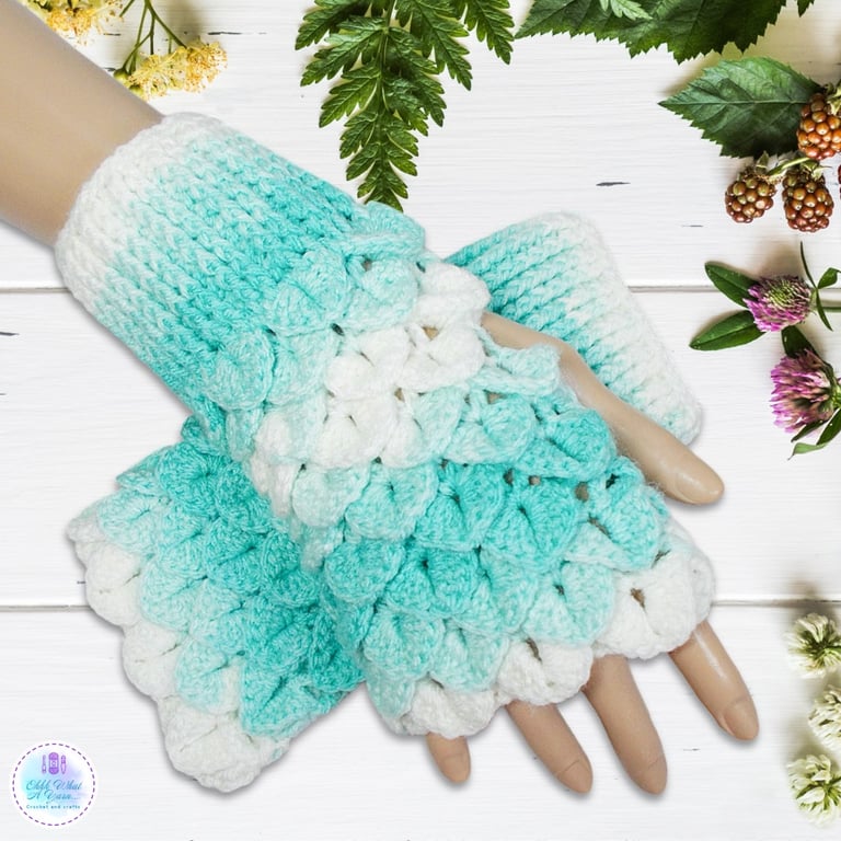 Crochet gloves. Turquoise and white dragon scale gloves. Fingerless gloves.