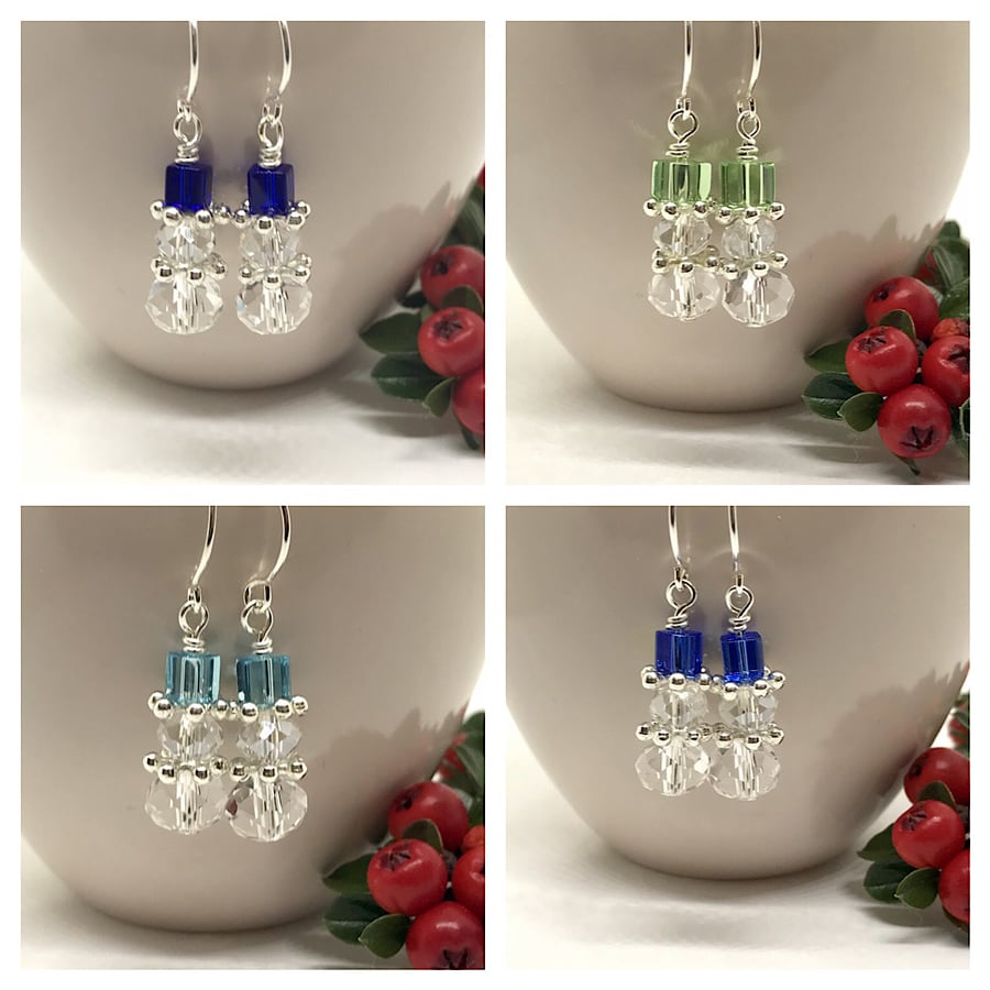 Crystal Snowman Earrings, Dark Blue, Light Blue or Mid Blue