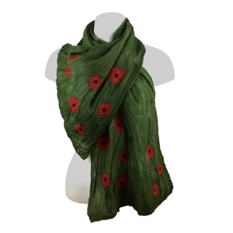 Scarf, nuno felted merino wool on silk, green with poppy design
