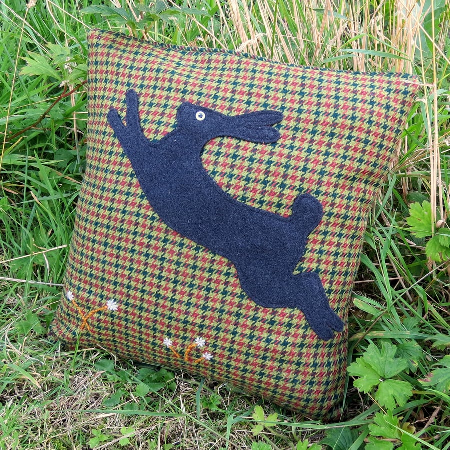SALE!!!  Jumping Hare, a  38cm x 38cm  cushion.  Complete with feather pad.