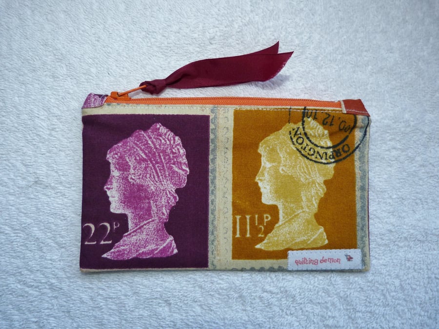 Small Zipped Purse in Prestigious Stamp Print Cotton.  Gold and Purple.