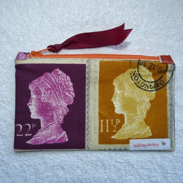 Small Zipped Purse in Prestigious Stamp Print Cotton.  Gold and Purple.