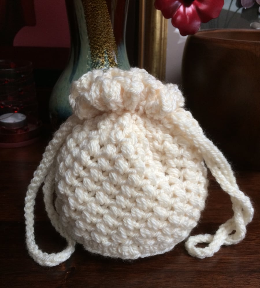 Hand Crocheted Cream Drawstring Bag Handbag by Poppy Kay