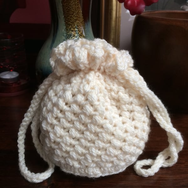Hand Crocheted Cream Drawstring Bag Handbag by Poppy Kay