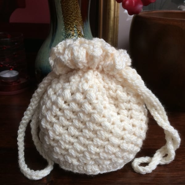 Hand Crocheted Cream Drawstring Bag Handbag by Poppy Kay
