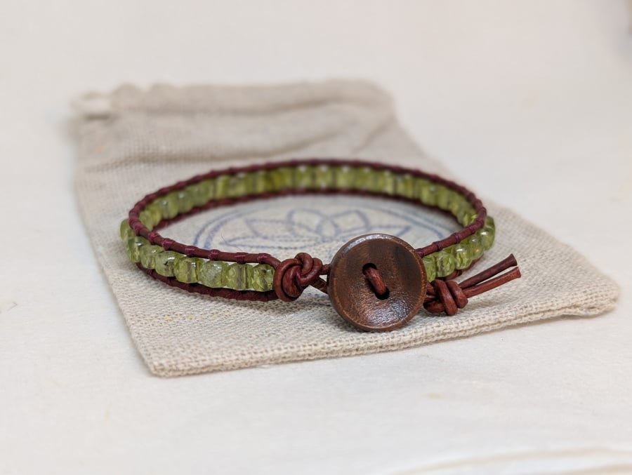 Peridot and leather bracelet with button fastener, August birthstone jewellery 