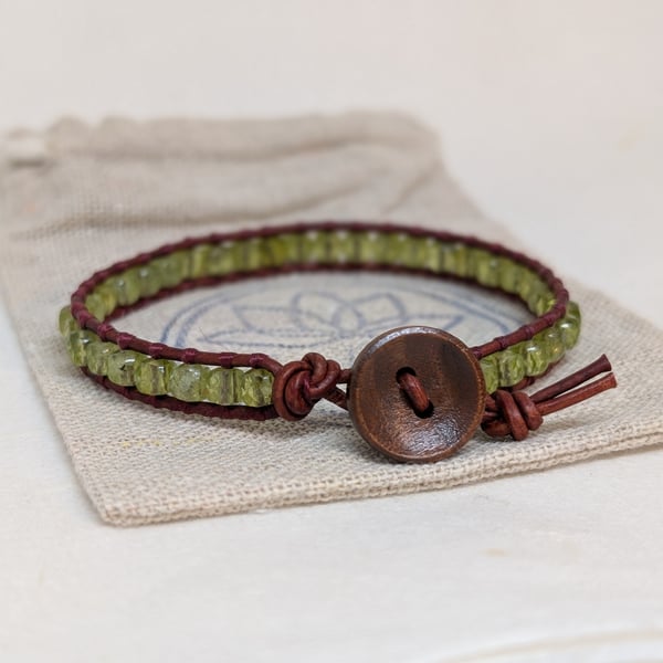 Peridot and leather bracelet with button fastener, August birthstone jewellery 